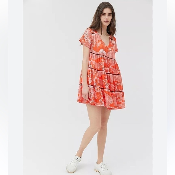 NWT Urban Outfitters Picnic Tiered Frock Mini Dress Red Sz XS - Picture 1 of 9